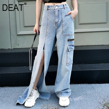 

2020 DEAT summer fashion denim 2020 personalized zipper split pocket jeans women all-match wide leg pants casual WM94705L