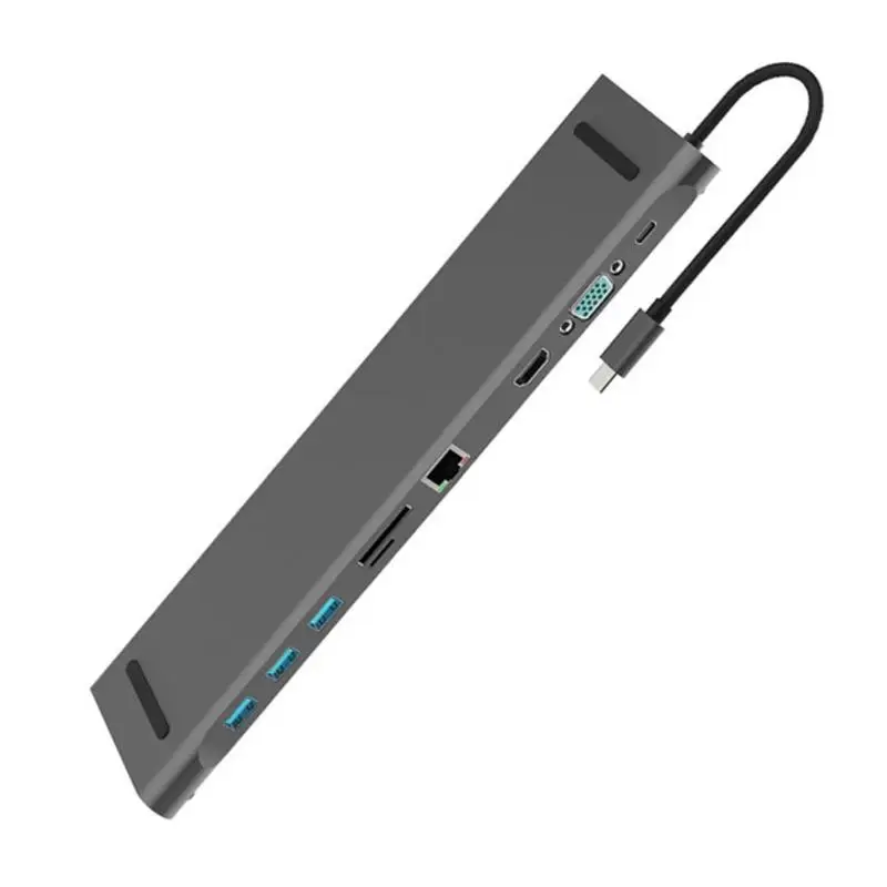 10 in 1 Multi USB HUB Type C to HDMI VGA RJ45 USB 3.0 3.5mm Audio PD Fast Charging Adapter Dock Aluminum Alloy for MacBook - Цвет: Серый