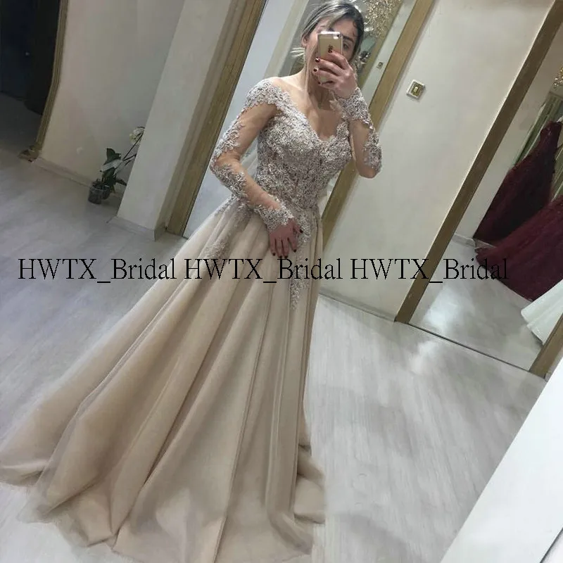 HWTX_Bridal цвета шампанского, тюлевые платья для выпускного вечера,, с длинным рукавом, v-образным вырезом, с аппликацией, Элегантное Длинное официальное вечернее платье, Vestido de festa
