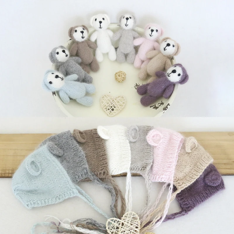 

Fluffy Angora Teddy Bear Bonnet Toy Set Baby Photo Shoot Crochet Mohair Animal Filler Toy Hat Newborn Photography Props
