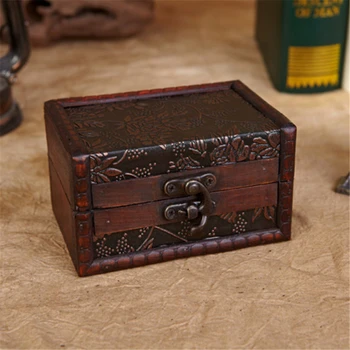 

Grape Square Wooden Retro With Lock Box Storage Storage Gift Card Decoration Storage Box Desk Collection Box