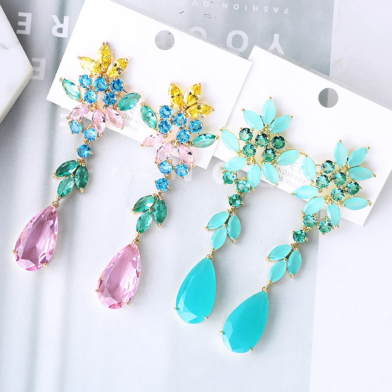 

Multicolor Zircon Flower Earrings Large Water Drop Stone Pendant Drop Earrings Beautiful Wedding Jewelry XIUMEIYIZU Brand New