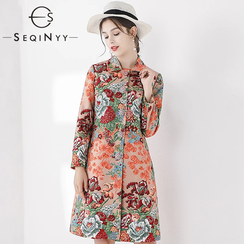 

SEQINYY Women Set 2020 Autumn Winter New Fashion Design Vest Mini Dress + Long Coat Vintage Orange Flower Print Bead Luxury Suit