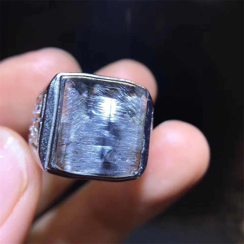 

12mm Genuine Natural Silver Brookite Rutilated Quartz Ring For Women Men Lucky Stone Crystal Adjustable Ring Jewelry AAAAA