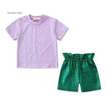 

2020 summer children's clothing girls suit purple pearl t-shirt + shorts