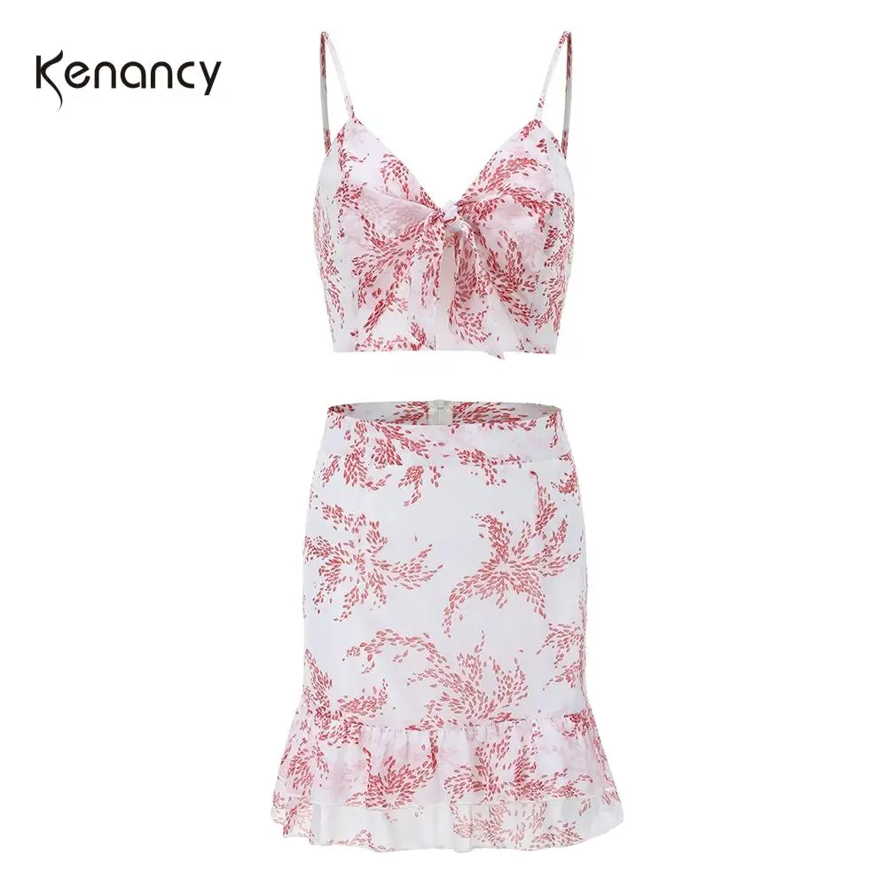 Летние женские комплекты из двух предметов Kenancy топы с цветочным принтом и юбка