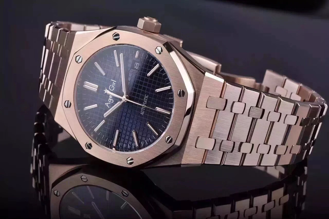 Rose Gold Blue Роскошные брендовые новые мужские часы из нержавеющей стали автоматические механические серебряные розовые золотые синие Черные королевские сапфировые сзади прозрачные дубы - Цвет: Rose Gold Blue