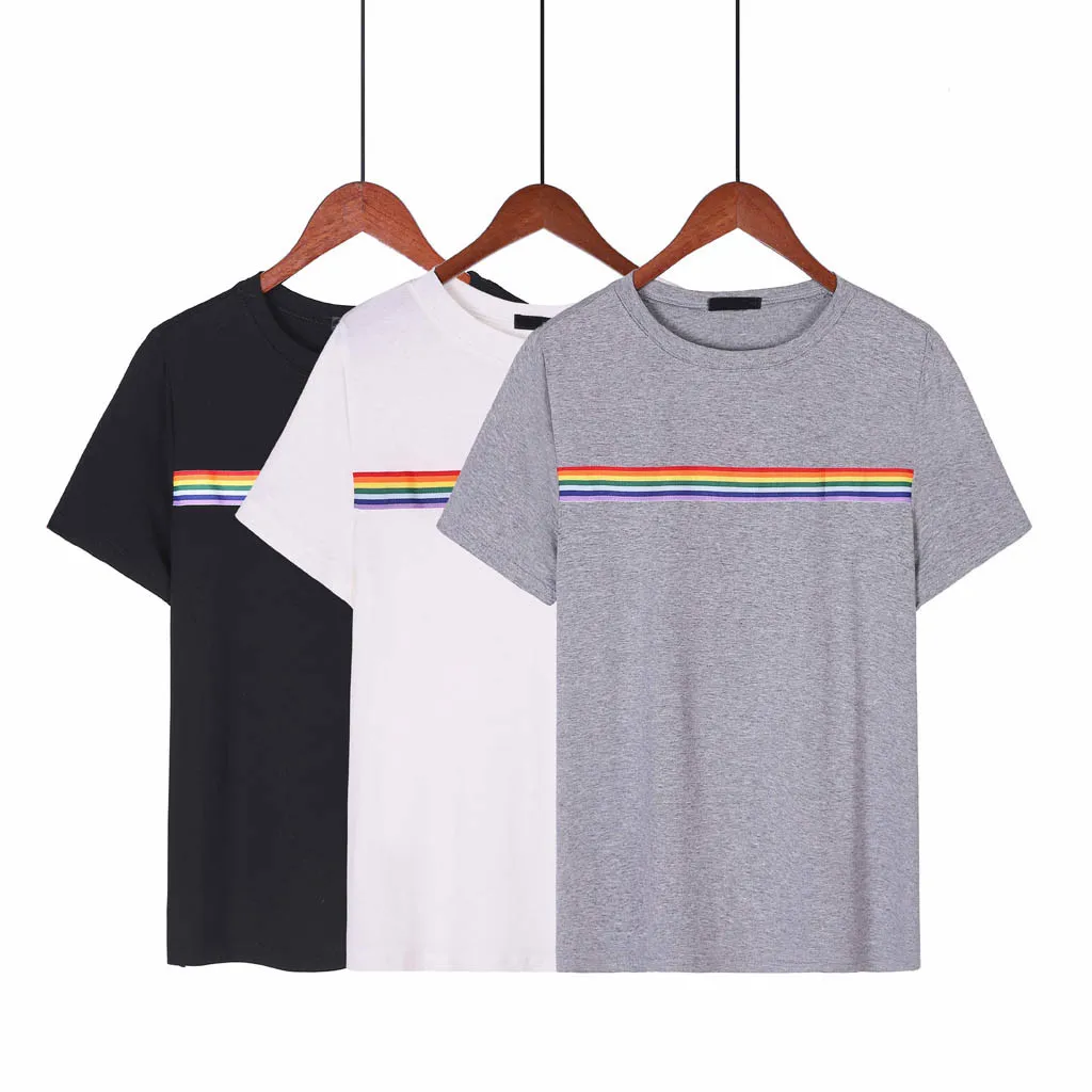 Harajuku футболка женская летняя футболка Rainbow Striprd с коротким рукавом и круглым вырезом Женский Топ Slim Fit VogueBlusas белая женская рубашка