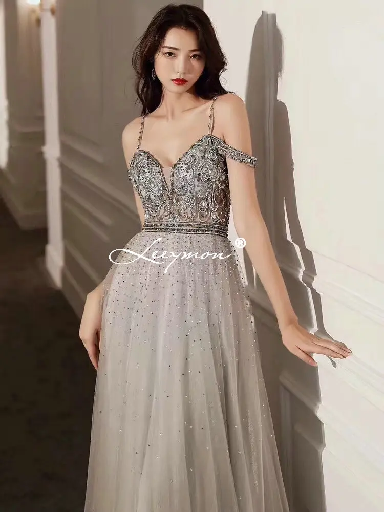 Leeymon Sexy Bare Back Luxury Beaded Prom Dress Tulle Floor-Length Spaghetti Strap Party Dress Custom Made