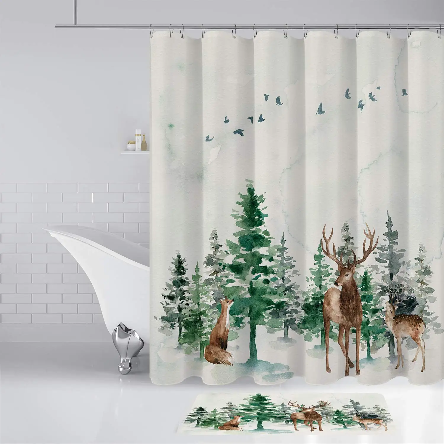

Pine Trees, Squirrel and Deer in The Snowy Mountains Christmas Shower Curtains