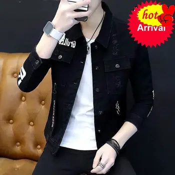

autumn 2020 Spring Fashion Casual hip hop printed letter Korean Slim men's jacket boys denim jacket black wild casual youth coat