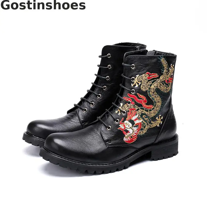 

Fashion Martin Boots Genuine Leather Men Short Boots Lace-up Dragon Embroidered Round Metal Captoe Thick Rubber Sole Men Boots