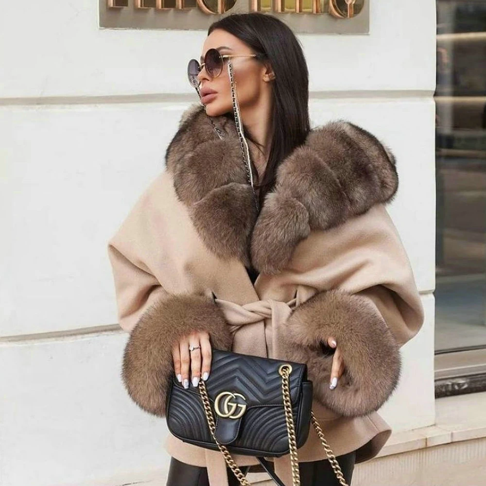 Women's Real Fox Fur Cashmere Coat Outwear 2022 Trendy Woman Natural Wool Blends Fox Fur Coats with Hood Thick Warm Overcoats winter fashion real fox fox coats woman 2022 new high quality whole skin natural fox fur jackets with hood 2021 trendy overcoats