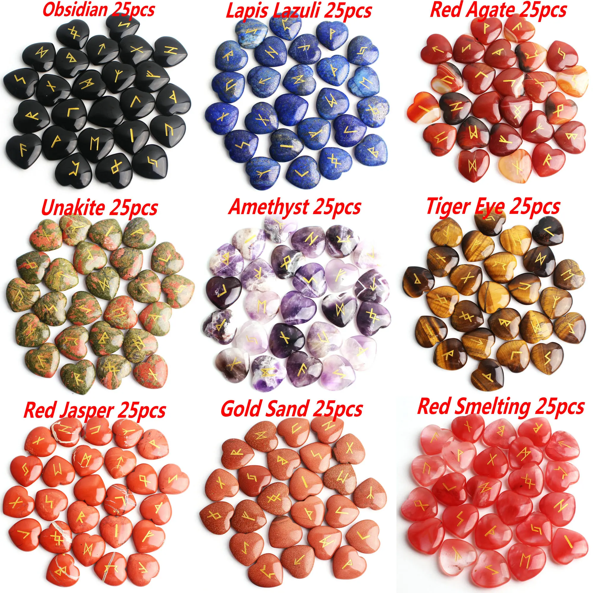 25 шт. натуральный кристалл чакра Руна кулон в форме сердца тонущий камень
