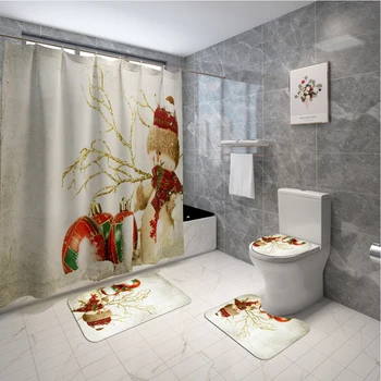 

Christmas Snowman Print Bathroom Combination Set Shower Curtain + Bath Mat+ Lid Toilet Cover + Toilet Pedestal Rug 4-Piece