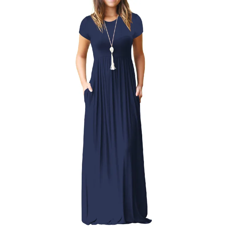 Ceny Lato Maxi długa sukienka kobiety Femme Boho długie sukienki Plus rozmiar casualowe kieszenie nowa krótka rękaw O neck jednolita sukienka S 2XL GV598