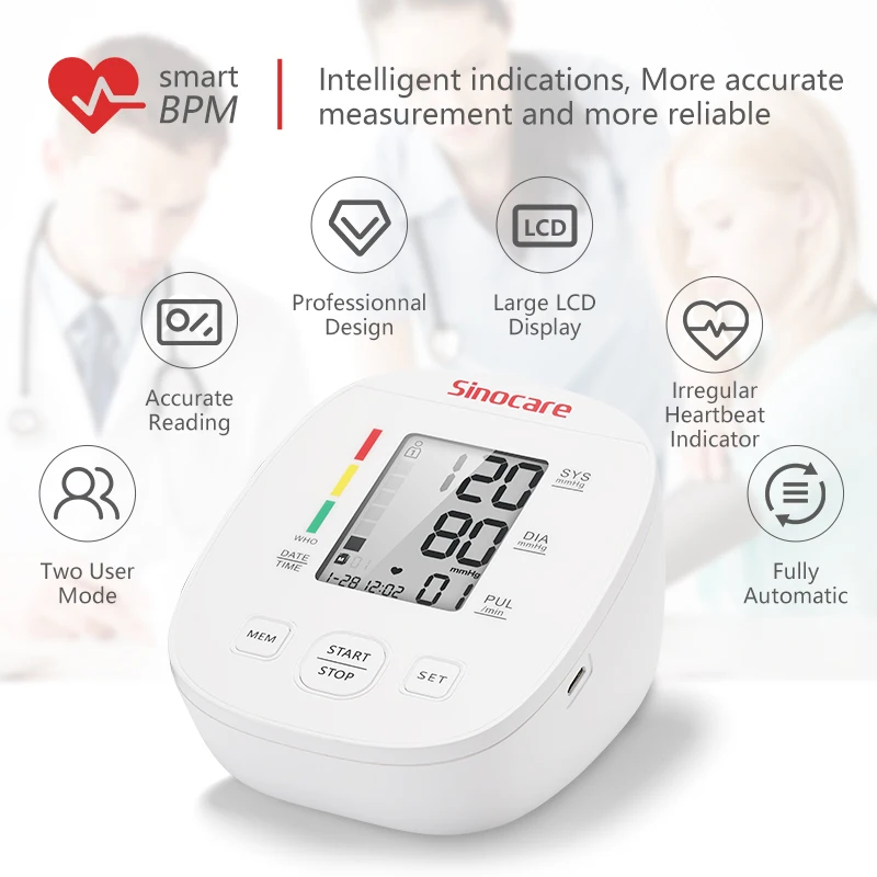 Sinocare Arm Blood Pressure Monitor Digital Sphygmomanometer Medical Pressure Meter Gauge Device Cuff Pulse Heart Rate Health