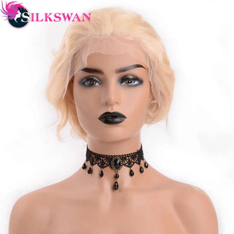 #613 Silkswan волосы короткие Pixie срезанные Парики 150 плотность#613 блонд цвет для женщин натуральные 13*4 человеческие волосы парики бразильские волосы remy - Цвет: #613