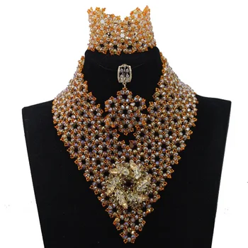 

Gorgeous Red Orange Nigerian Wedding Beads Jewerly Set Champagne African Bridal Jewelry Set Christmas Gift Free Shipping QW158