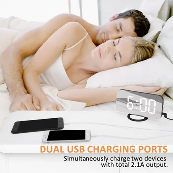 

Mirror HD LED Digital Alarm Clock With Dual USB Port 6.5" Ultra-Large LED Display Diming Snooze Function Detachable Stand