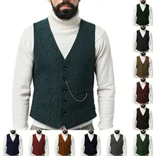 Men Vest Tweed Waistcoat Retro Vintage Herringbone Formal Wool Wedding Groomsman