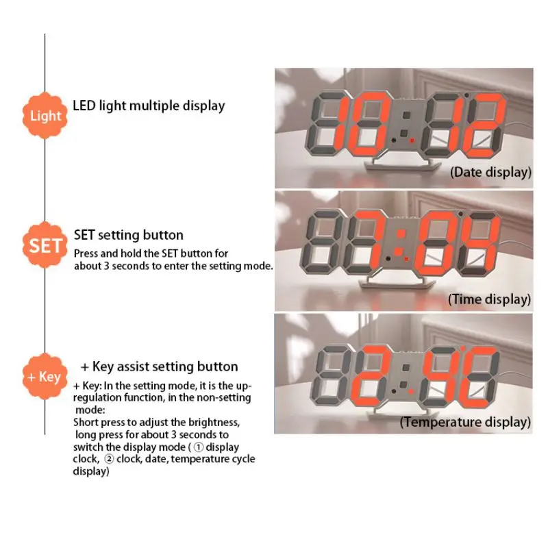 New 3D Digital Alarm Clock Simple Fashion Led Electronic Clock Living Room Usb Wall Clock