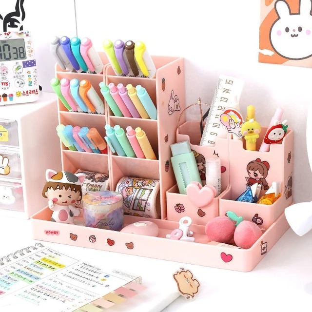 Kawaii Desk Organizer Kawaii Desk Accessories with Kawaii Stickers Cute  Aesthetic Pencil Makeup Storage Container Kawaii Stuff for Room Organizer  School Supplies for Kids Teen Girls Pink 