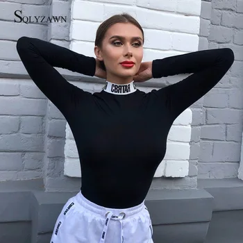 

Street Turtleneck Letter Print Bodycon Modal Bodysuit Women Autumn Black Long Sleeve Skinny Rompers Streetwear Skinny Overalls