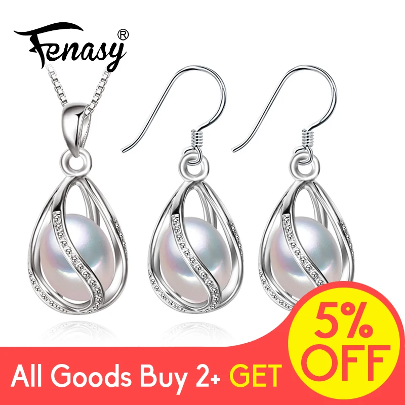 Buy FENASY 925 Sterling Silver Set Natural Freshwater Pearl Jewerly Sets For Women Accessories Cage Jewellery Earrings Necklace Set