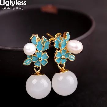 

Uglyless Enamel Blue Flowers Earrings for Women Hetian Jade Pearls Fashion Dress Jewelry Gold 925 Silver Baroque Pearls Brincos