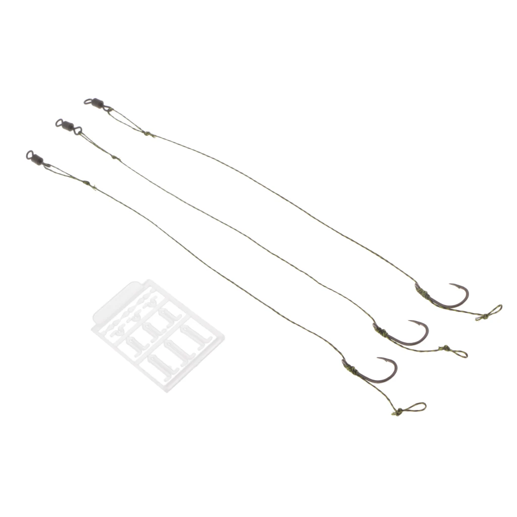 3pcs Ready Tied Carp Fishing Rigs, Nylon Braided Line Barbed Hook & Swivel 17.5 cm/6.9 inch