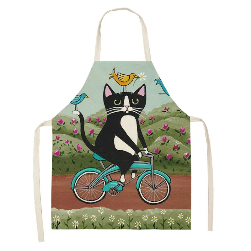 Cute Cartoon Cat Linen Apron Kids Family Game DIY Sleeveless Aprons Home Household Kitchen Apron for Women Washable