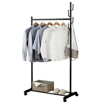 

2-in-1 2-in-1 Coat Rack Rolling Garment Rack with Bottom Shelves-Black Floor Hanger Storage Wardrobe Clothing Drying Racks