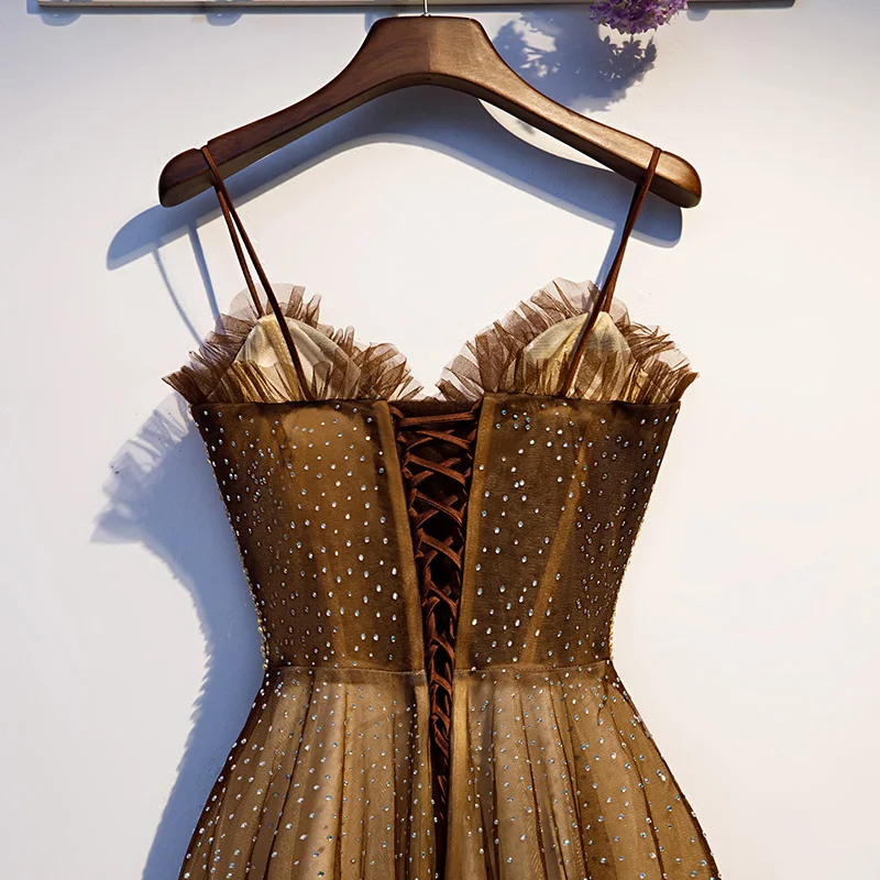 Милое вечернее платье трапециевидной формы; Robe De Soiree; коричневый тюль с блестками и бисером; вечерние платья; длинное платье; vestido de festa