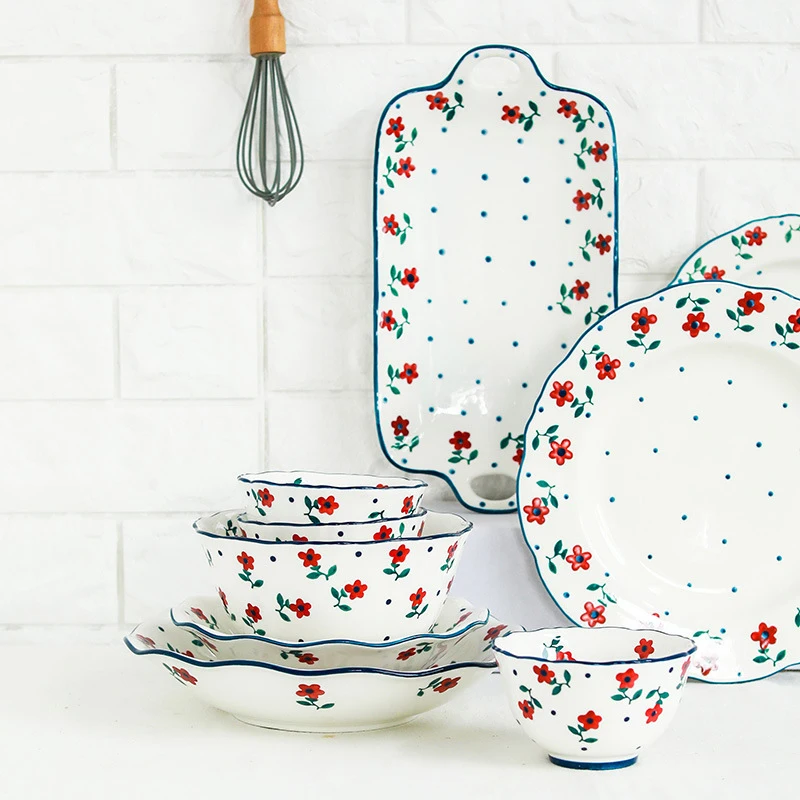 Ceramic Floral Pattern Plate Set Tableware Set Household Plate Rural Style Dish Plate Rice Bowl Soup Bowl Noodle Bowl Mug 