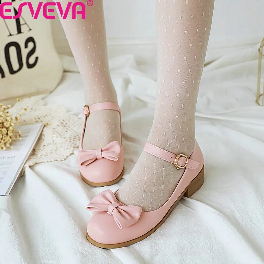 

ESVEVA 2020 Square Heel Butterfly-Knot Sweet Women Shoes PU Leather Round Toe Shallow Buckle Fashion Women Pumps Big Size 34-43