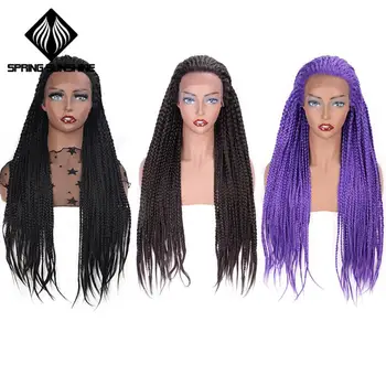 

Spring sunshine 66CM Synthetic Lace Front Wigs Dark Brown Long Box Braid Wig Purple Glueless Braided For Afro Women Daily Wear