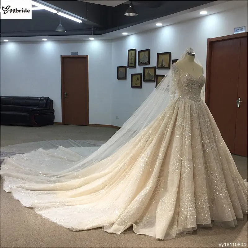 YYbride новый роскошный дизайн бусины кристаллы свадебное платье, лиф сердечком с плеча принцессы собор/Royal Свадебные платья