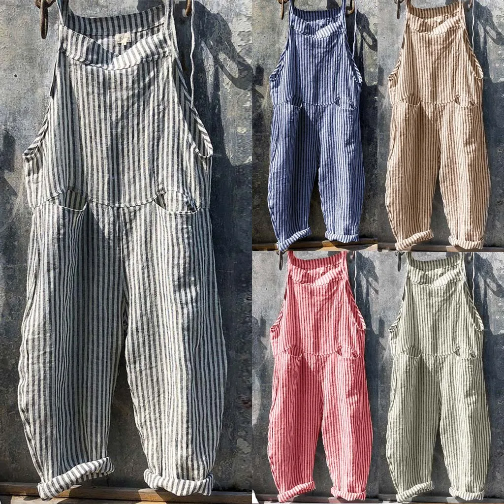 Rompers Women Casual Loose Linen Cotton Jumpsuit New 2020 Summer Sleeveless Playsuit Backless Trousers Overalls d1