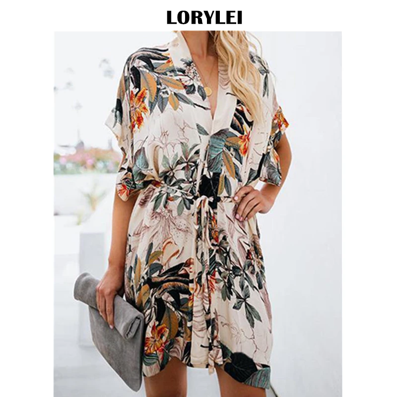 Sexy Bikini Cover-ups Bohemian Printed Summer Beach Mini Wrap Dress Cotton Tunic Women Beachwear Swimsuit Cover Up N885