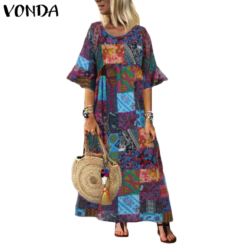 VONDA, макси платье, женский летний сарафан размера плюс, винтажные длинные платья с принтом, пляжные повседневные свободные вечерние платья, Vestidos Femme, s S-5XL