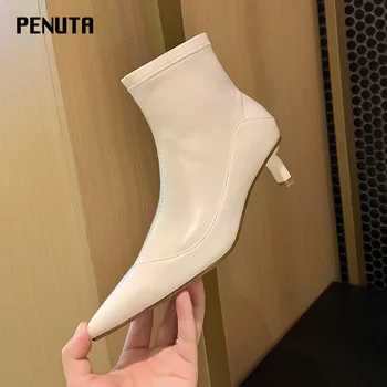 

2020 PENUTA New Pointy Toe Ankle Booties Women Kitten heels Short Boots Slip On Autumn Slim Fit Cowboy Boots Party Shoes D0106