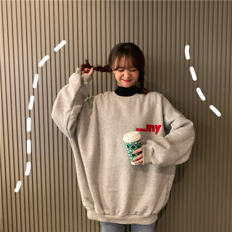 Gray Спортивные костюмы женские толстовки зима Kawaii толстые свободные женские студенческие Harajuku Мультфильм Алфавит Мода - Цвет: Gray