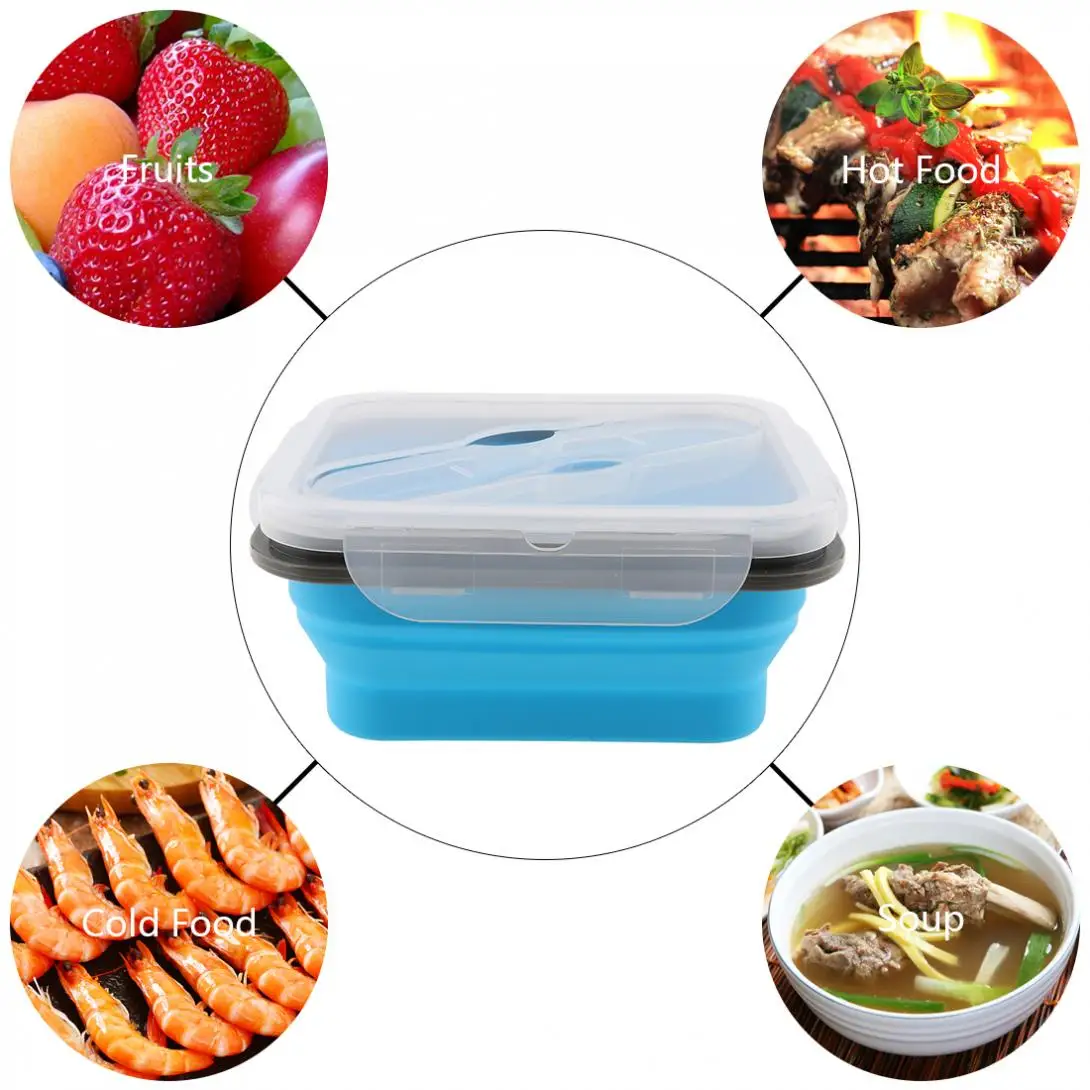 700 мл Портативный Силиконовый масштабируемый складной Ланчбокс Bento Box с уплотненной пряжкой для карт и ложкой вилкой для-40~ 230 градусов Цельсия