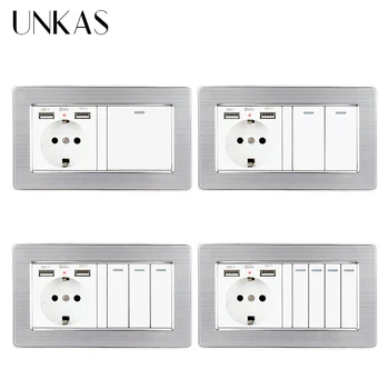 

UNKAS EU Standard Wall Socket Dual USB Port + 1 2 3 4 Gang 1 / 2 Way On / Off Light Switch Stainless Steel Panel Outlet