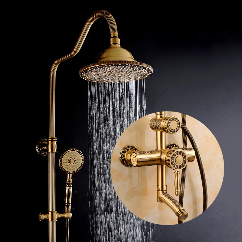 

Shower Faucets Antique Bathroom Shower Set Bath Rain Shower Wall Mounted Hand Held Brass Shower Head Chuveiro Do Banheiro 9712
