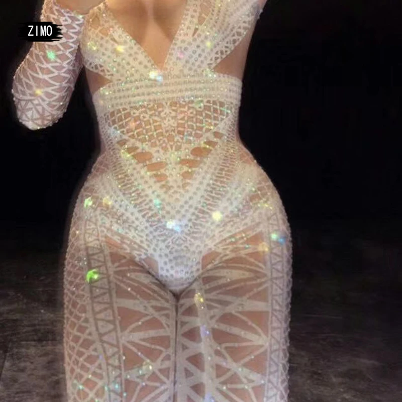 Sexy White glitter Jumpsuit womens rhinestone One piece Nightclub Party Wear Dance Singer Stage Performance gogo Costumes