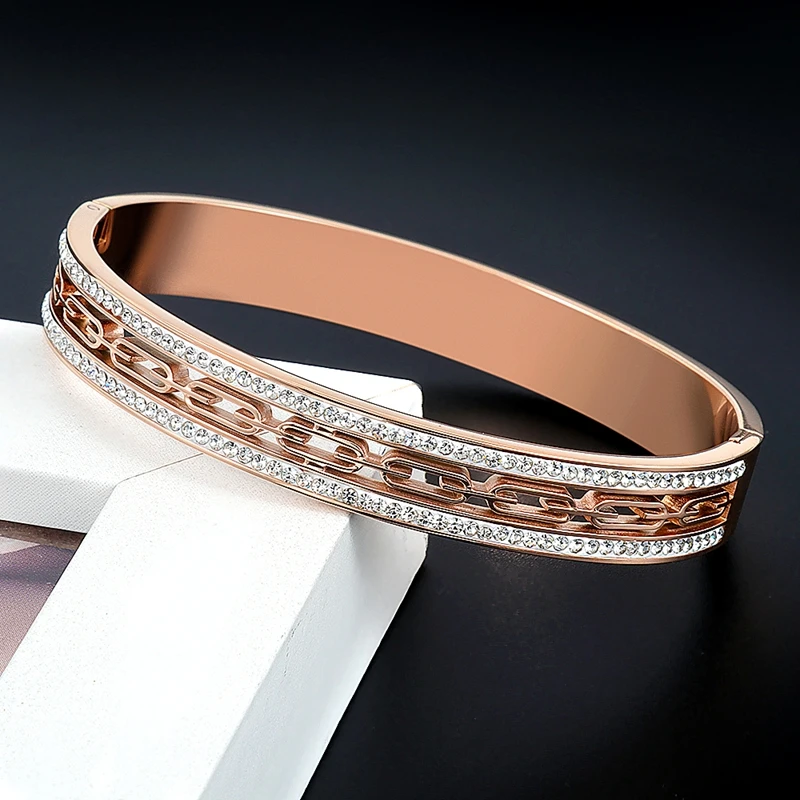 Trend Wedding Party Charm Bracelet Jewelry Pulsera Vintage Stainless Steel Square Open Cuff Crystal Zircon Bangles for Men Women bangle bracelet zirconia bangle