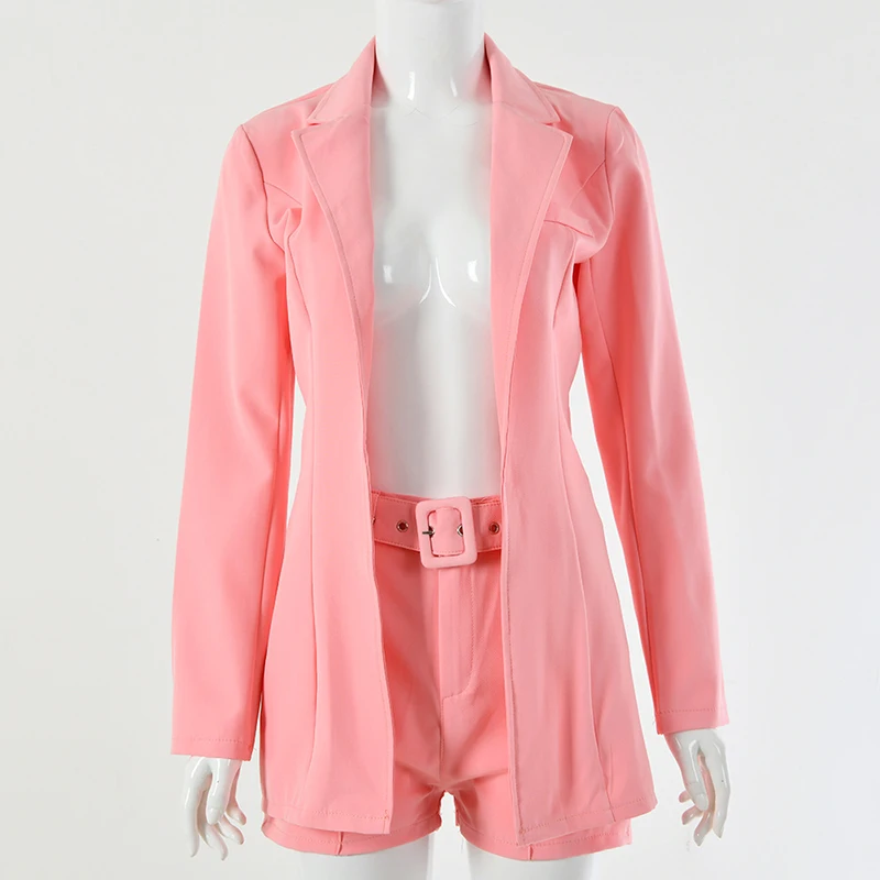 Осень Зима Женское уличное пальто куртка наборы неоновый модный розовый Блейзер костюм топ шорты 2 предмета Sest с поясом PR993G - Цвет: Pink