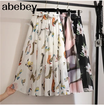 

Long Pleated Chiffon Skirt Women Fashion 2020 Summer Big Hem High Waist Floral Print Holiday Boho Beach Skirt Female